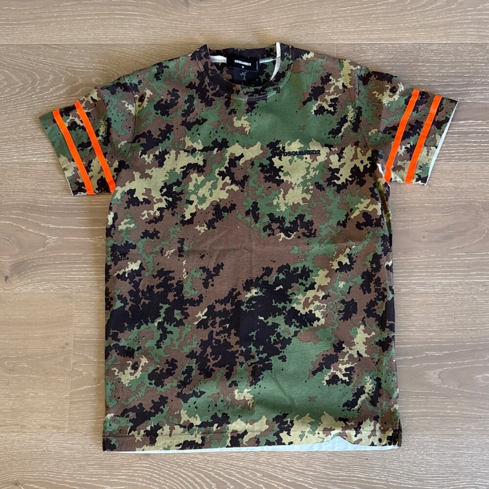 DSquared2 T Shirt Camo Stripe Sleeves Size M Green Brown Orange
